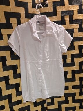 White Short Sleeve Button-Front Blouse